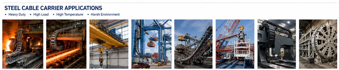 Heavy-duty steel cable carrier applications showing usage across steel mills, rolling mills, overhead cranes, port cranes, mining equipment, shipyards, large gantry machines, and tunnel boring machines.