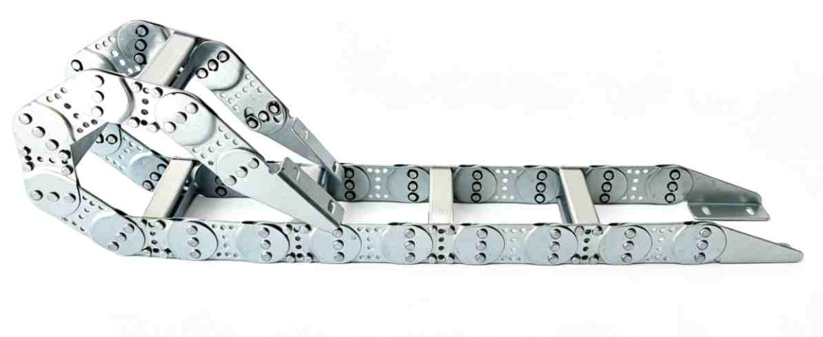 Yodel Bridge‑Type Steel Cable Drag Chain – Galvanised / Stainless Steel, Aluminium Crossbars with Custom Drilling